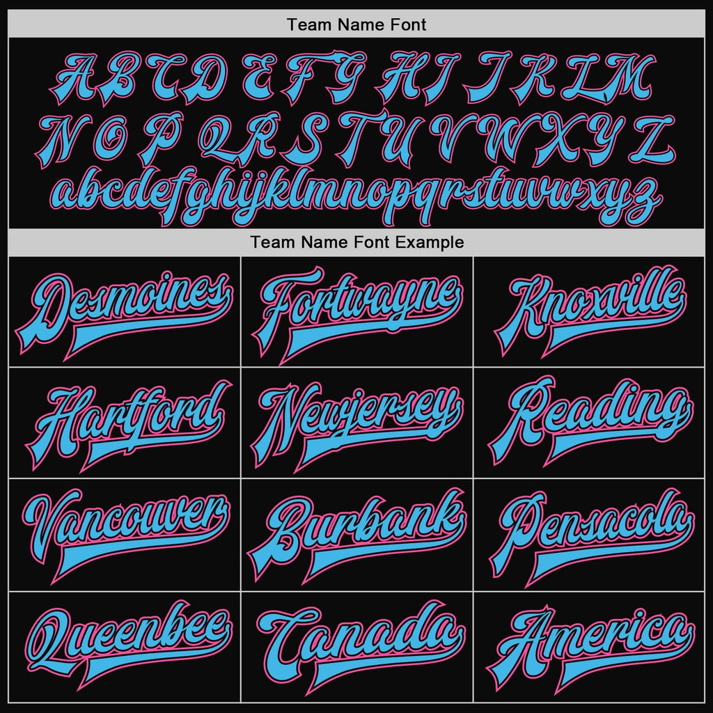 Custom Black Pink-Sky Blue Bomber Full-Snap Varsity Letterman Jacket photo 5