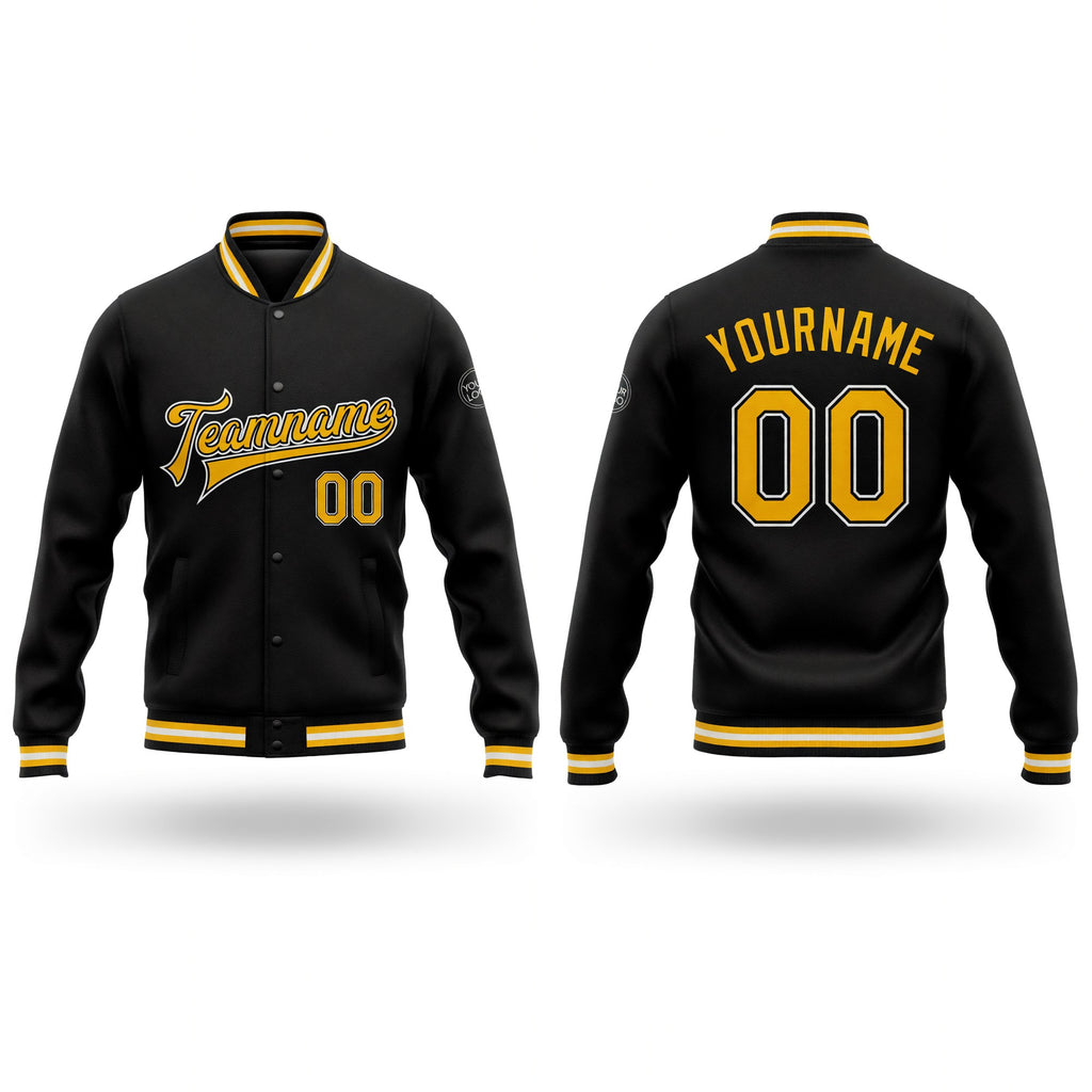 Custom Black Gold-White Bomber Full-Snap Varsity Letterman Jacket