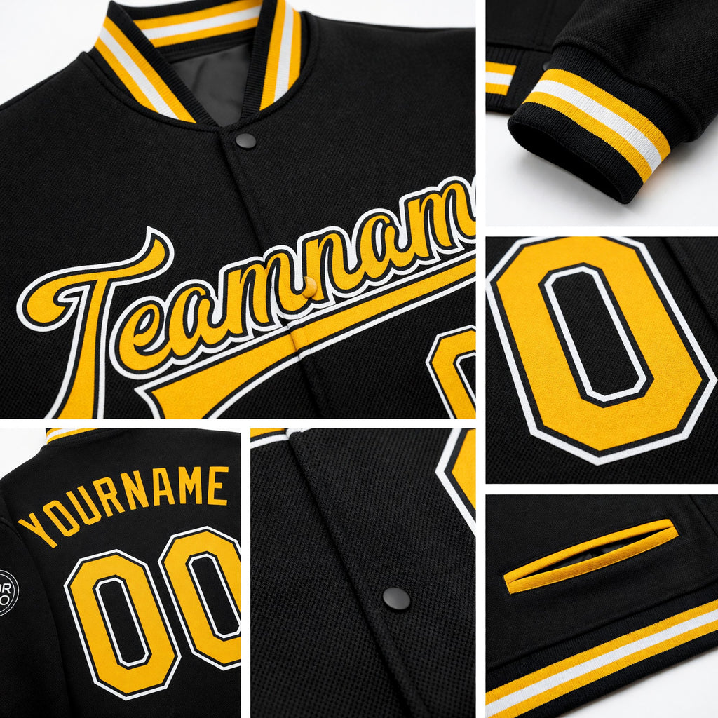 Custom Black Gold-White Bomber Full-Snap Varsity Letterman Jacket detail