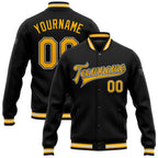 Custom Black Gold-White Bomber Full-Snap Varsity Letterman Jacket photo 1