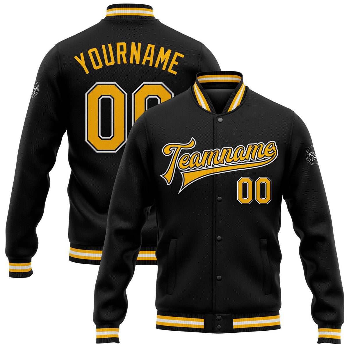 Custom Black Gold-White Bomber Full-Snap Varsity Letterman Jacket photo 1