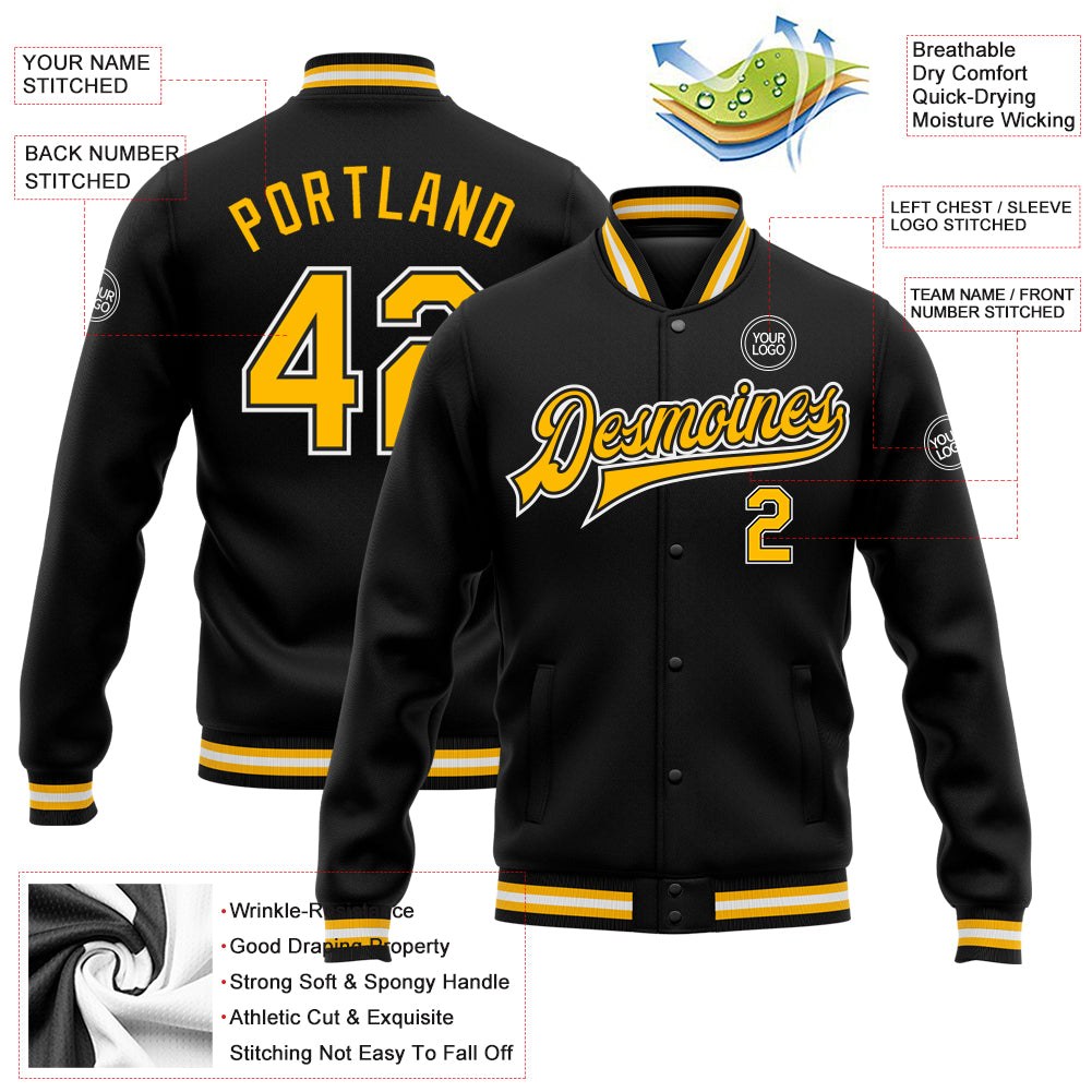 Custom Black Gold-White Bomber Full-Snap Varsity Letterman Jacket photo 5