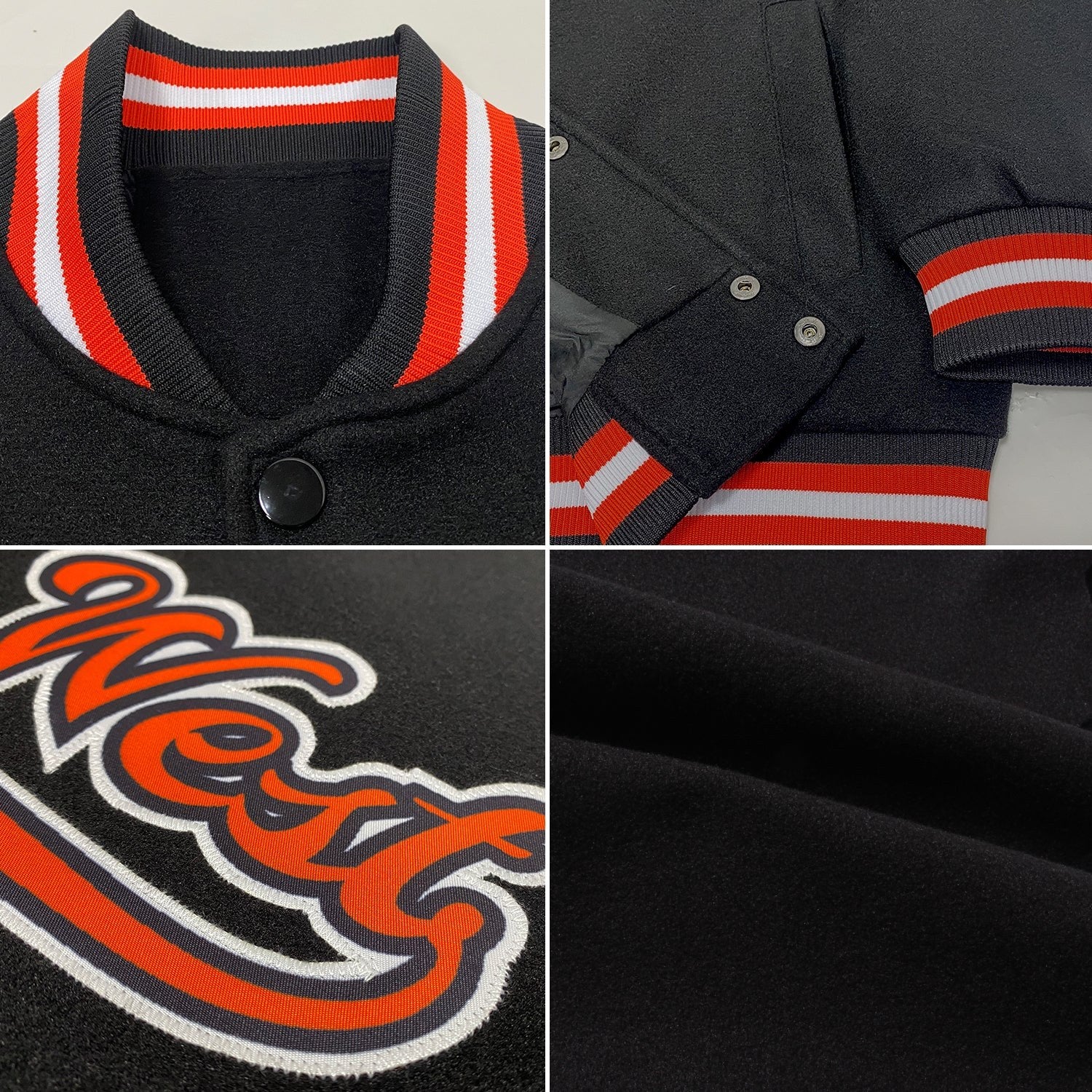 Custom Black Orange-White Bomber Full-Snap Varsity Letterman Jacket photo 4