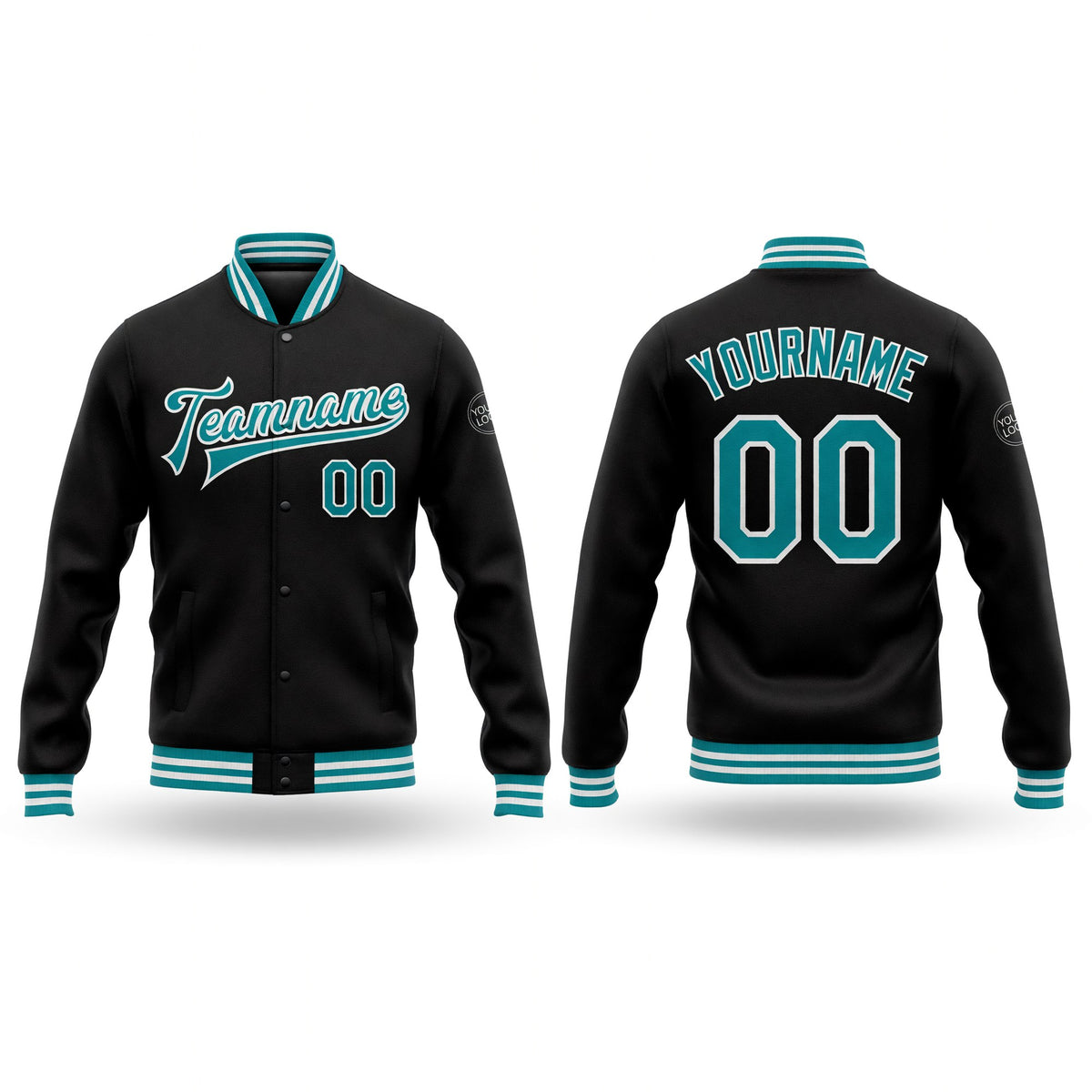 Custom Black Teal-White Bomber Full-Snap Varsity Letterman Jacket