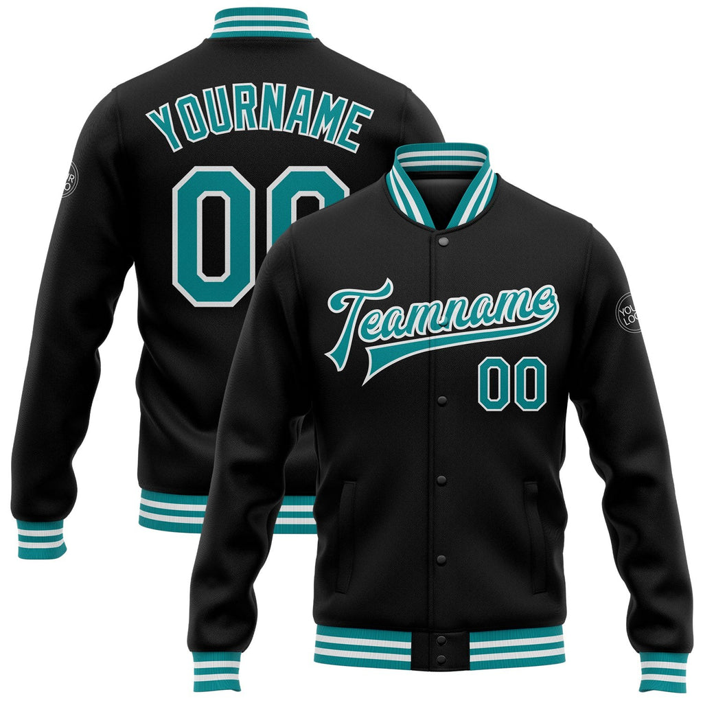 Custom Black Teal-White Bomber Full-Snap Varsity Letterman Jacket photo 1