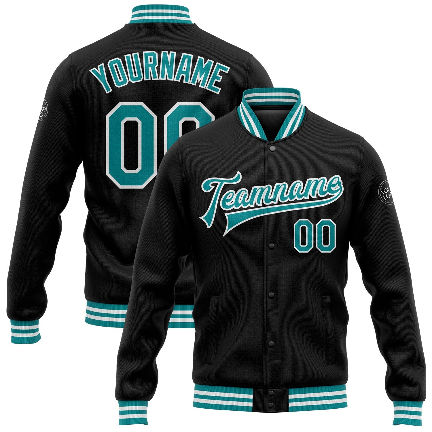 Custom Black Teal-White Bomber Full-Snap Varsity Letterman Jacket photo 1
