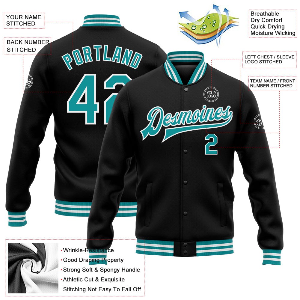 Custom Black Teal-White Bomber Full-Snap Varsity Letterman Jacket photo 5