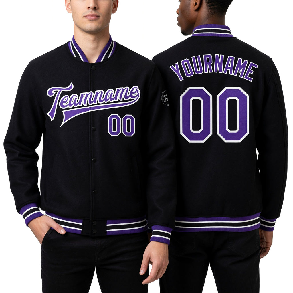 Custom Black Purple-White Bomber Full-Snap Varsity Letterman Jacket worn front and back