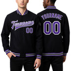 Custom Black Purple-White Bomber Full-Snap Varsity Letterman Jacket worn front and back