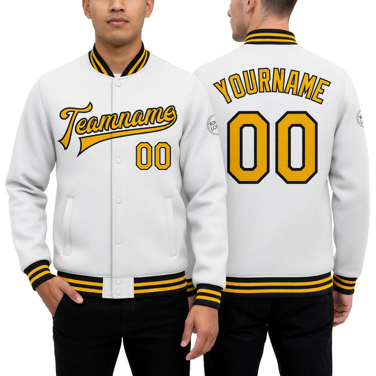 Custom White Gold-Black Bomber Full-Snap Varsity Letterman Jacket worn front and back