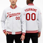 Custom White Red Bomber Full-Snap Varsity Letterman Jacket worn front and back