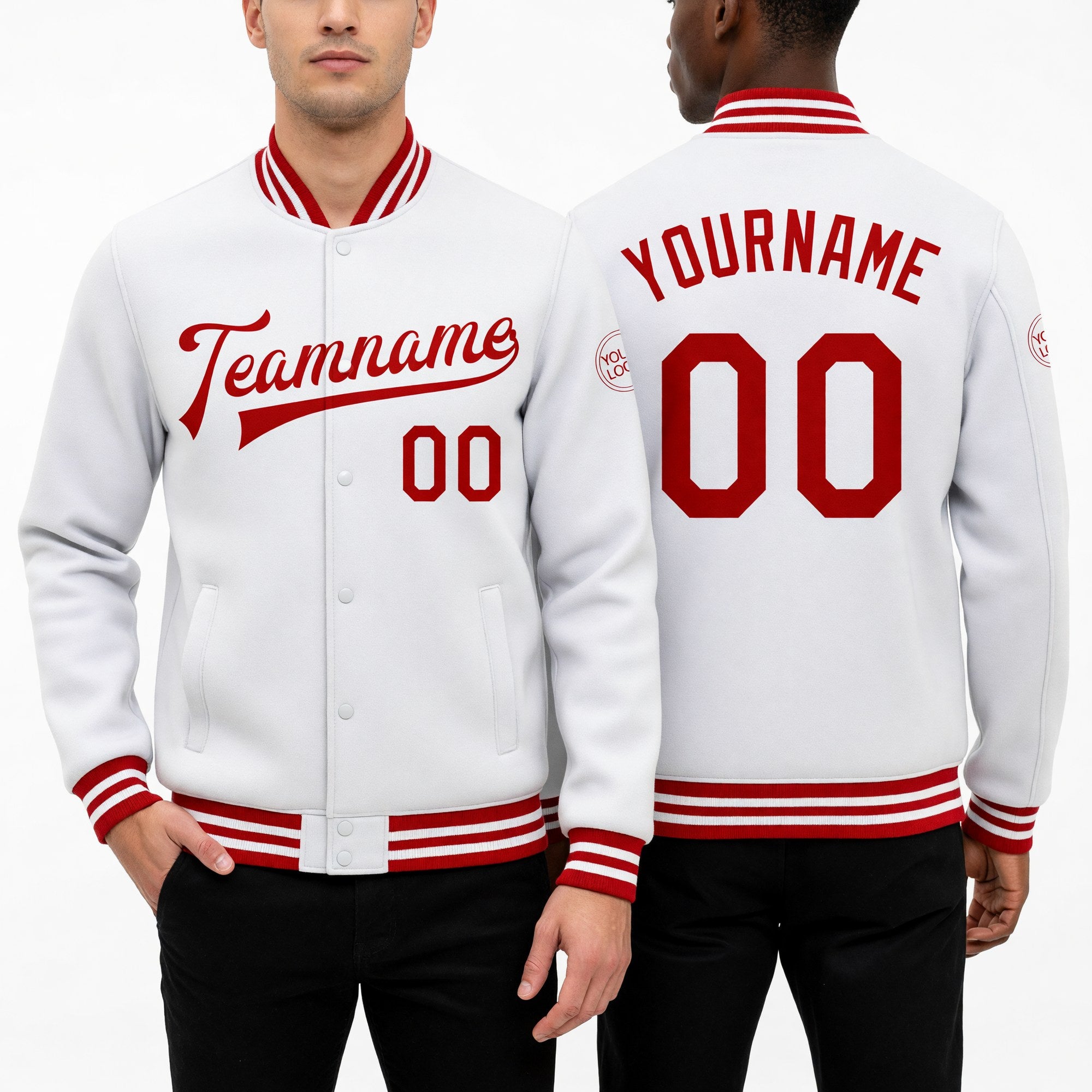 Custom White Red Bomber Full-Snap Varsity Letterman Jacket worn front and back