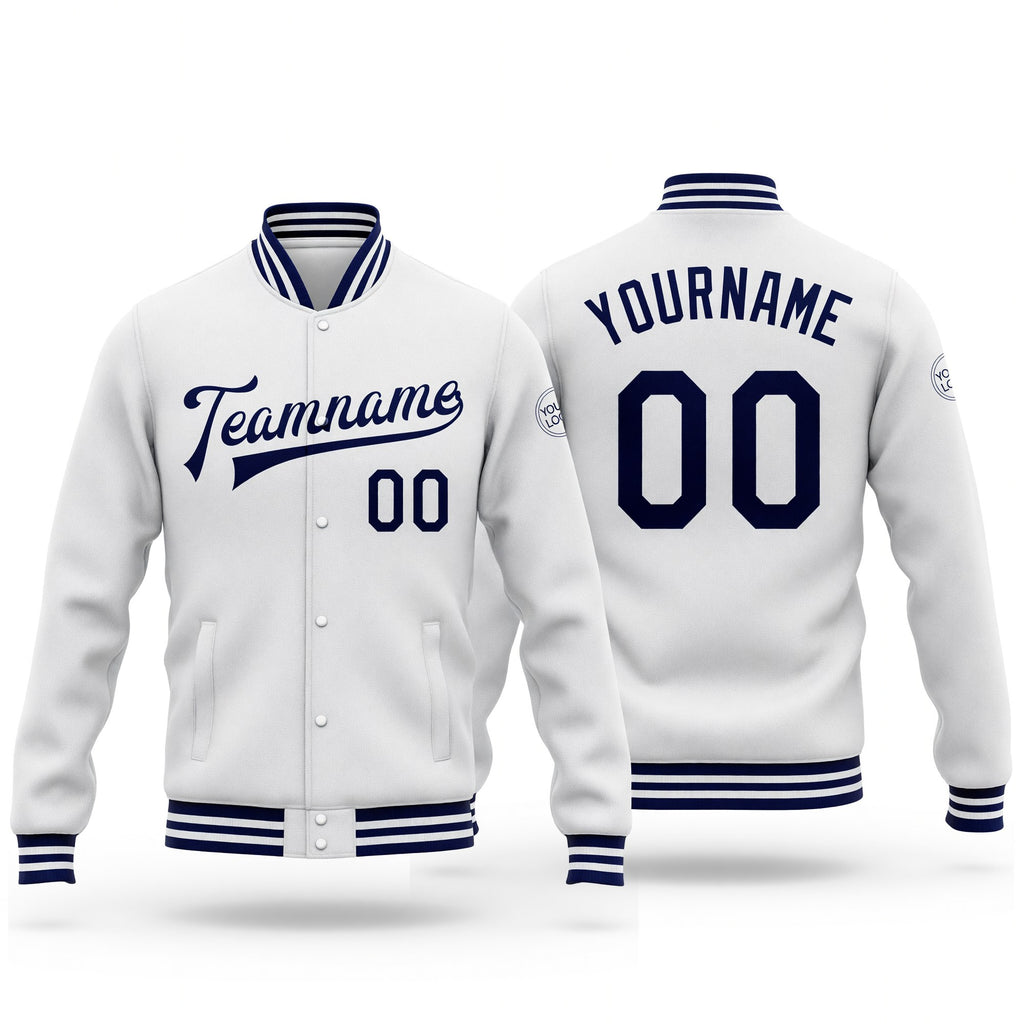 Custom White Navy Bomber Full-Snap Varsity Letterman Jacket