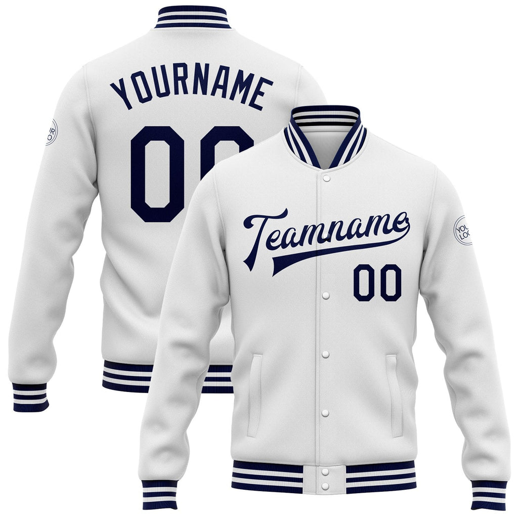 Custom White Navy Bomber Full-Snap Varsity Letterman Jacket photo 1