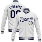 Custom White Navy Bomber Full-Snap Varsity Letterman Jacket photo 1