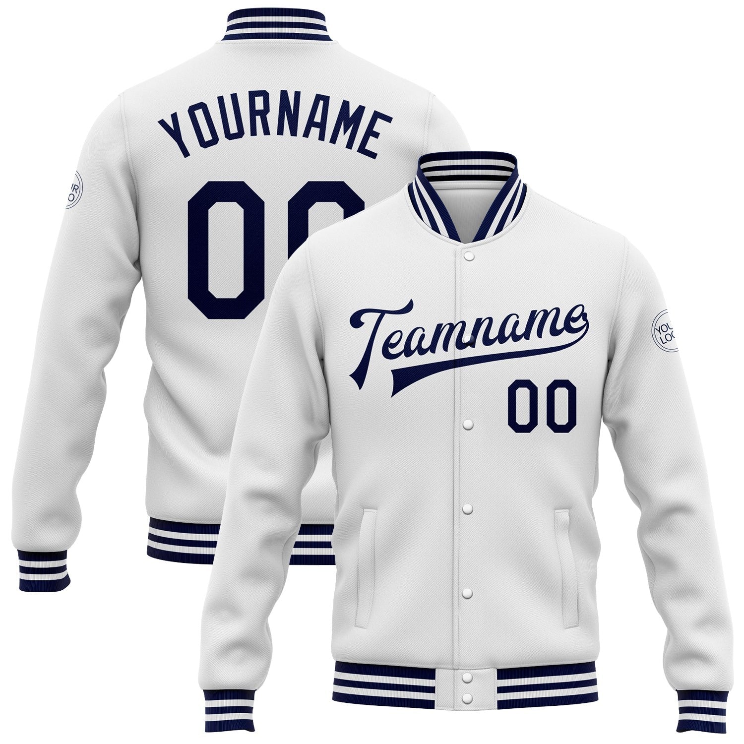 Custom White Navy Bomber Full-Snap Varsity Letterman Jacket photo 1