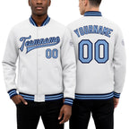Custom White Light Blue-Navy Bomber Full-Snap Varsity Letterman Jacket worn front and back