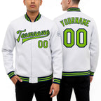 Custom White Neon Green-Navy Bomber Full-Snap Varsity Letterman Jacket worn front and back