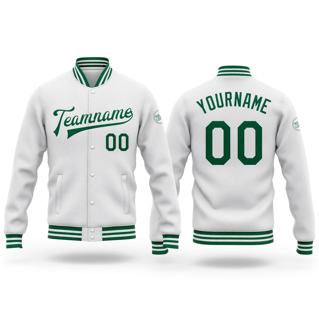 Custom White Kelly Green Bomber Full-Snap Varsity Letterman Jacket