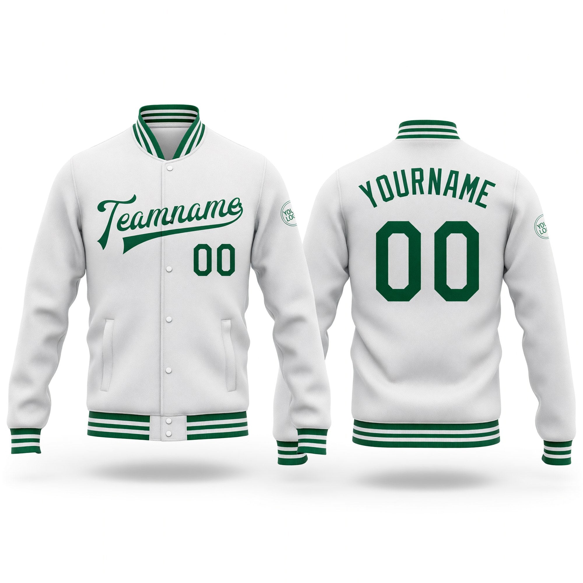 Custom White Kelly Green Bomber Full-Snap Varsity Letterman Jacket