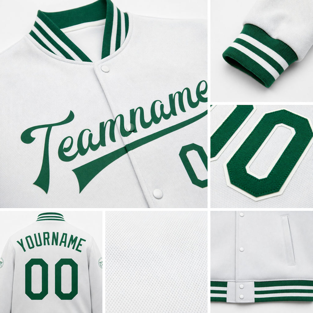Custom White Kelly Green Bomber Full-Snap Varsity Letterman Jacket detail
