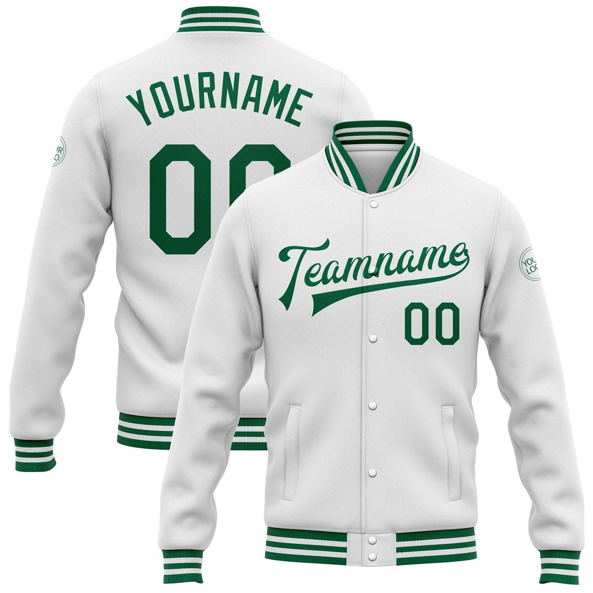 Custom White Kelly Green Bomber Full-Snap Varsity Letterman Jacket photo 1