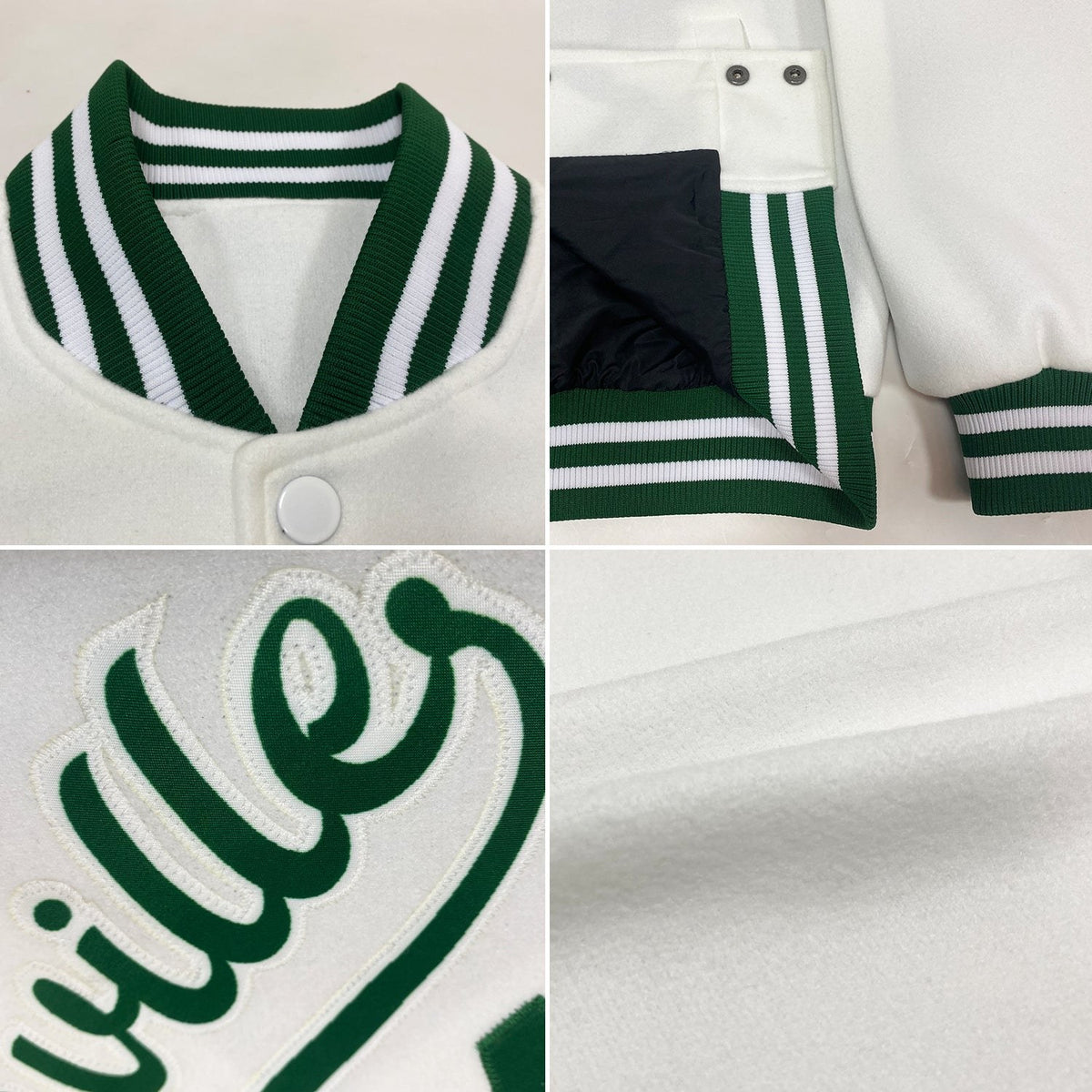 Custom White Kelly Green Bomber Full-Snap Varsity Letterman Jacket photo 4