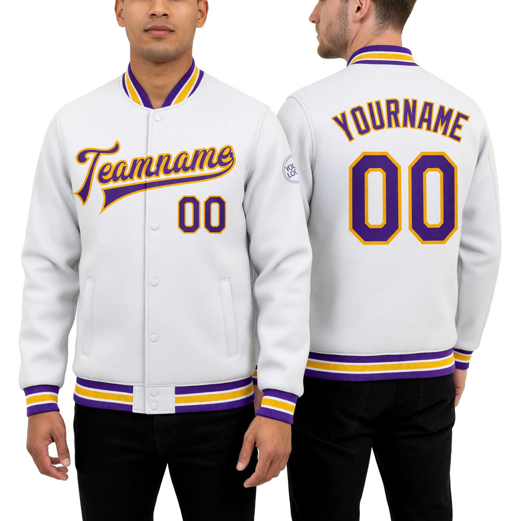 Custom White Purple-Gold Bomber Full-Snap Varsity Letterman Jacket worn front and back