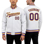 Custom White Purple-Gold Bomber Full-Snap Varsity Letterman Jacket worn front and back