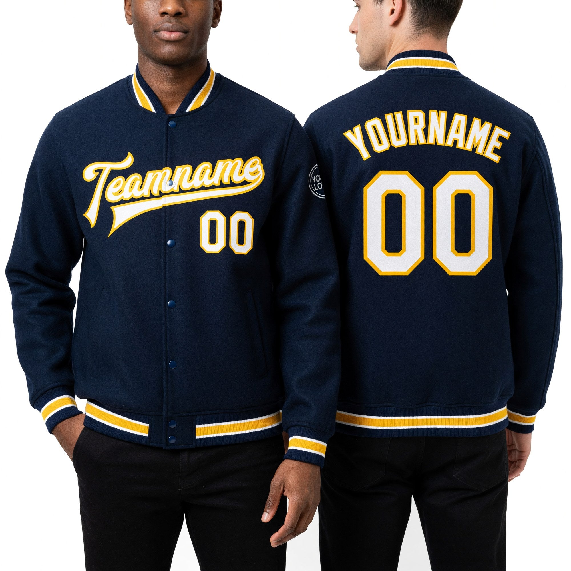 Custom Royal White-Yellow Bomber Full-Snap Varsity Letterman Jacket worn front and back
