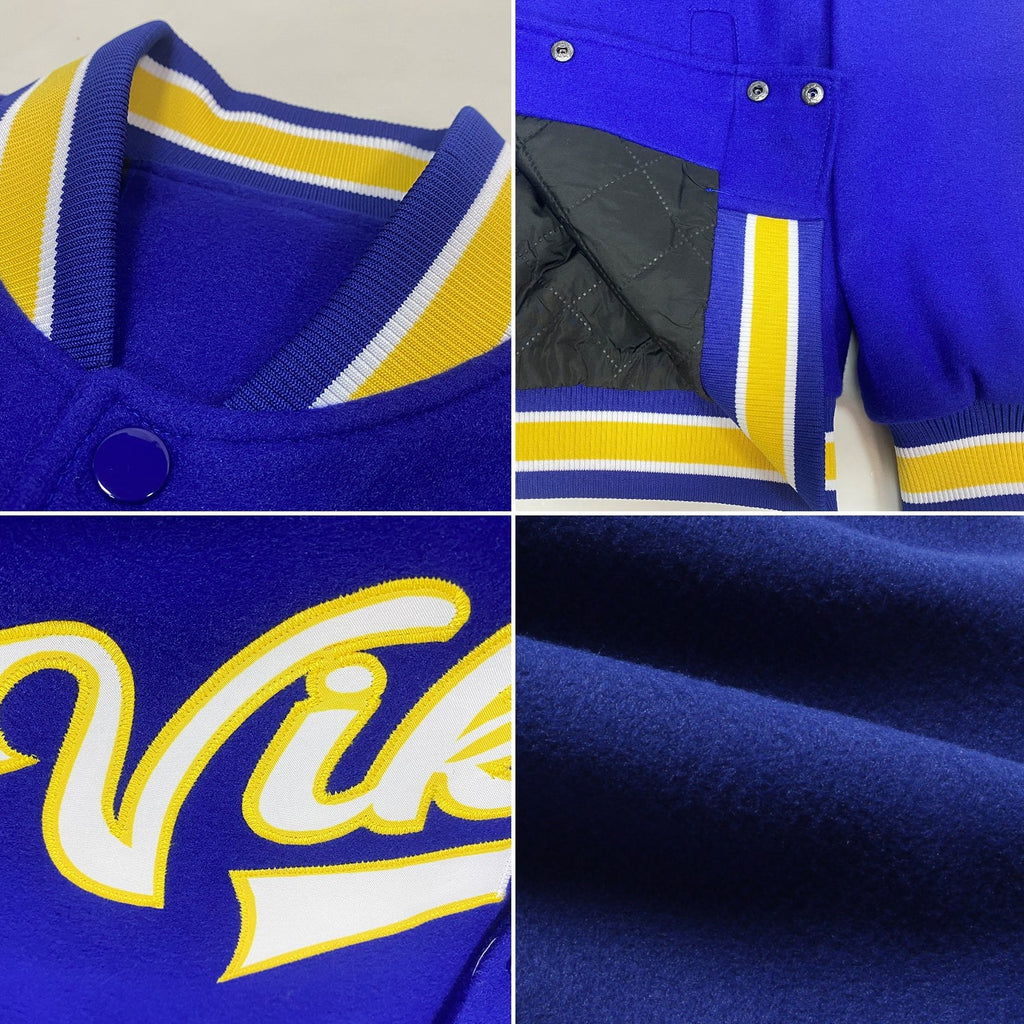 Custom Royal White-Yellow Bomber Full-Snap Varsity Letterman Jacket photo 4