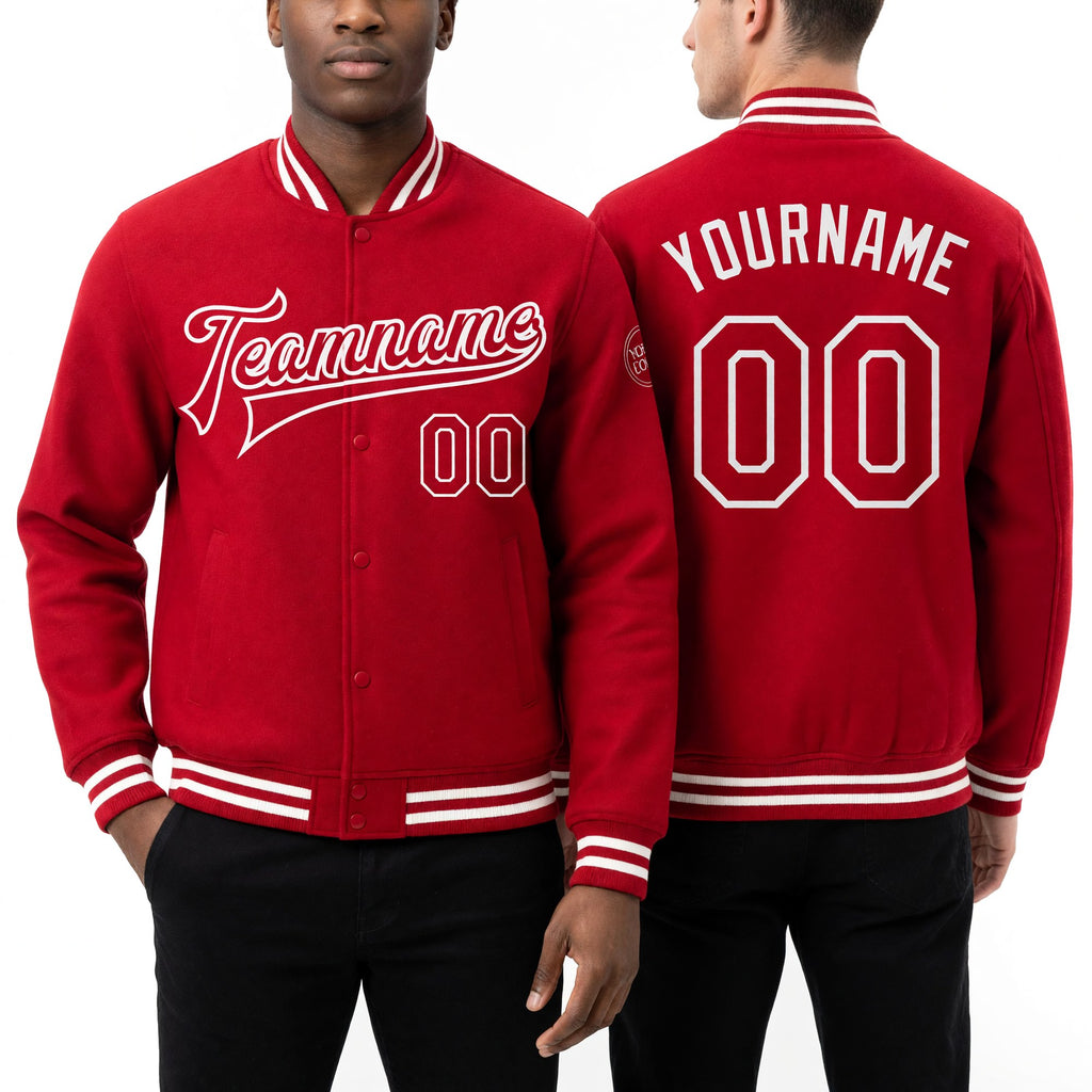 Custom Red White Bomber Full-Snap Varsity Letterman Jacket worn front and back