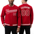 Custom Red White Bomber Full-Snap Varsity Letterman Jacket worn front and back