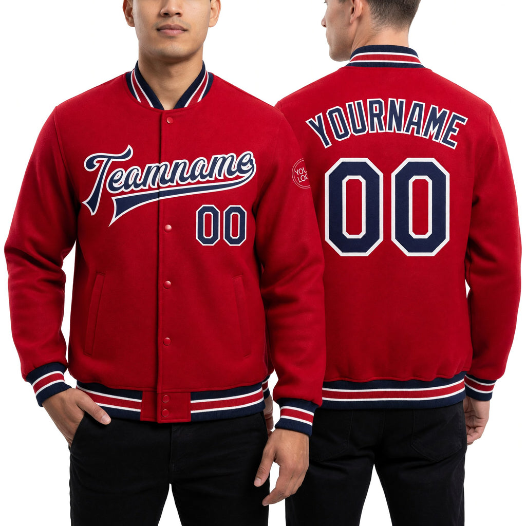 Custom Red Navy-White Bomber Full-Snap Varsity Letterman Jacket worn front and back