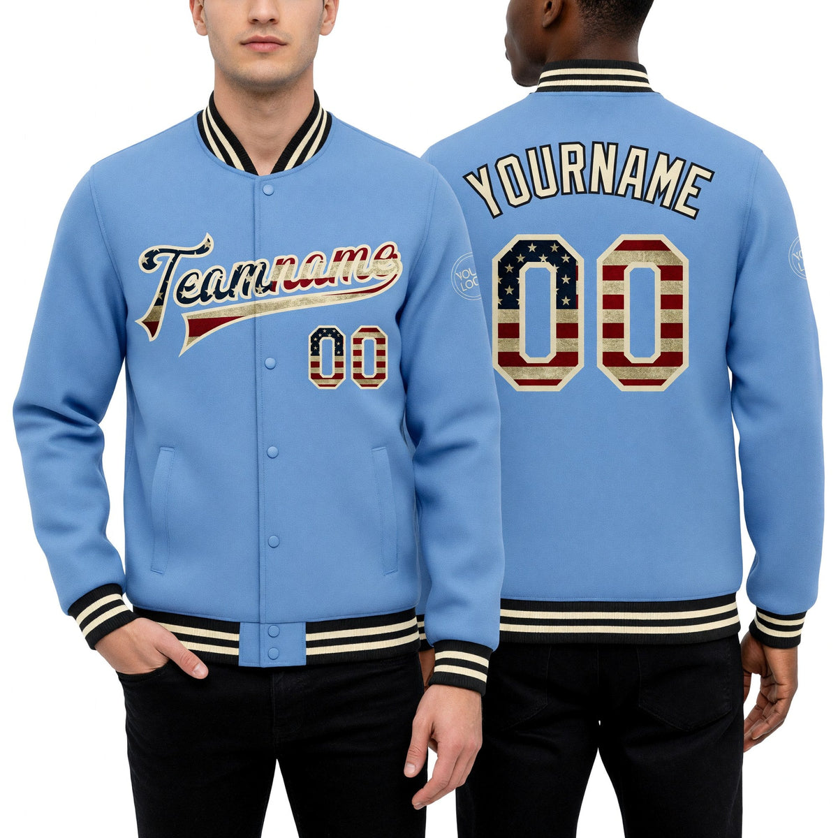 Custom Light Blue Vintage USA Flag Cream-Black Bomber Full-Snap Varsity Letterman Jacket worn front and back