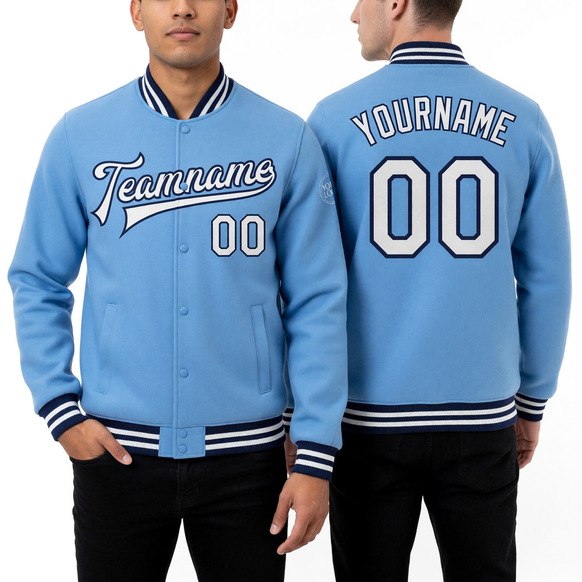 Custom Light Blue White-Navy Bomber Full-Snap Varsity Letterman Jacket worn front and back