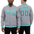 Custom Gray Aqua-White Bomber Full-Snap Varsity Letterman Jacket worn front and back