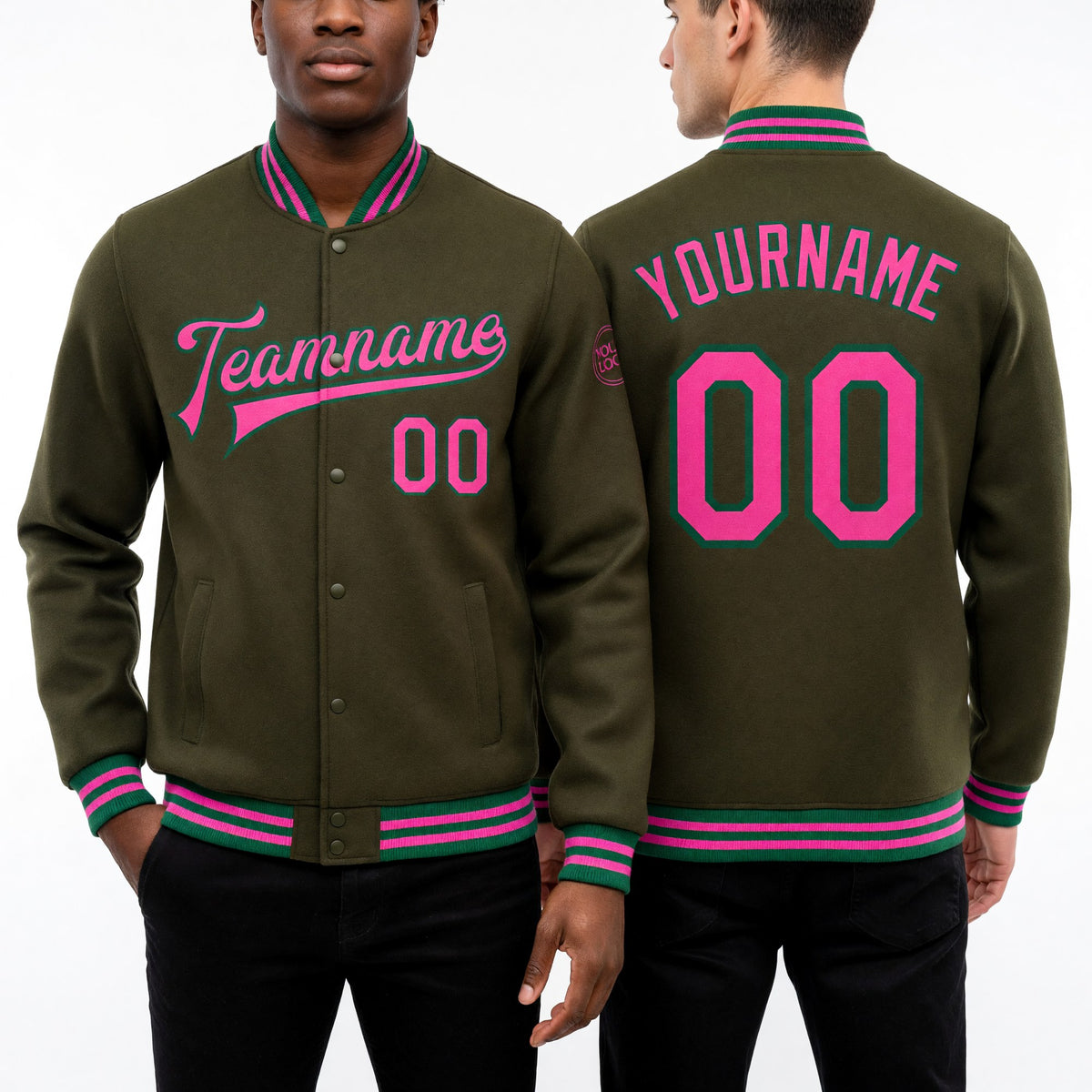Custom Olive Pink-Kelly Green Bomber Full-Snap Varsity Letterman Salute To Service Jacket worn front and back