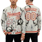 Custom Cream Red Heron And Flower 3D Pattern Design Bomber Full-Snap Varsity Letterman Jacket worn front and back