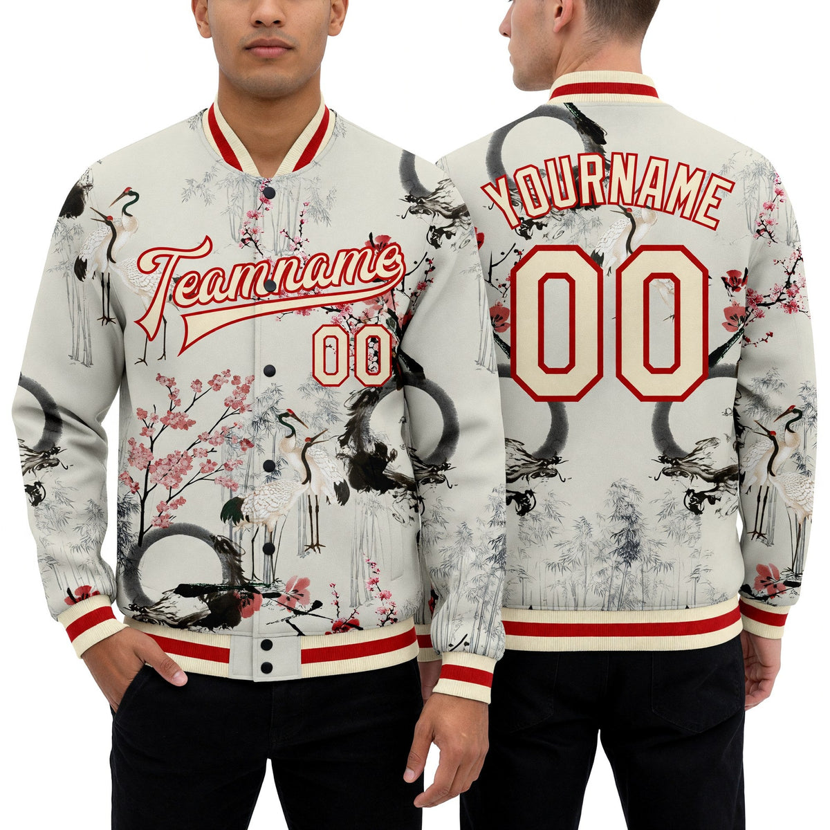 Custom Cream Red Heron And Flower 3D Pattern Design Bomber Full-Snap Varsity Letterman Jacket worn front and back