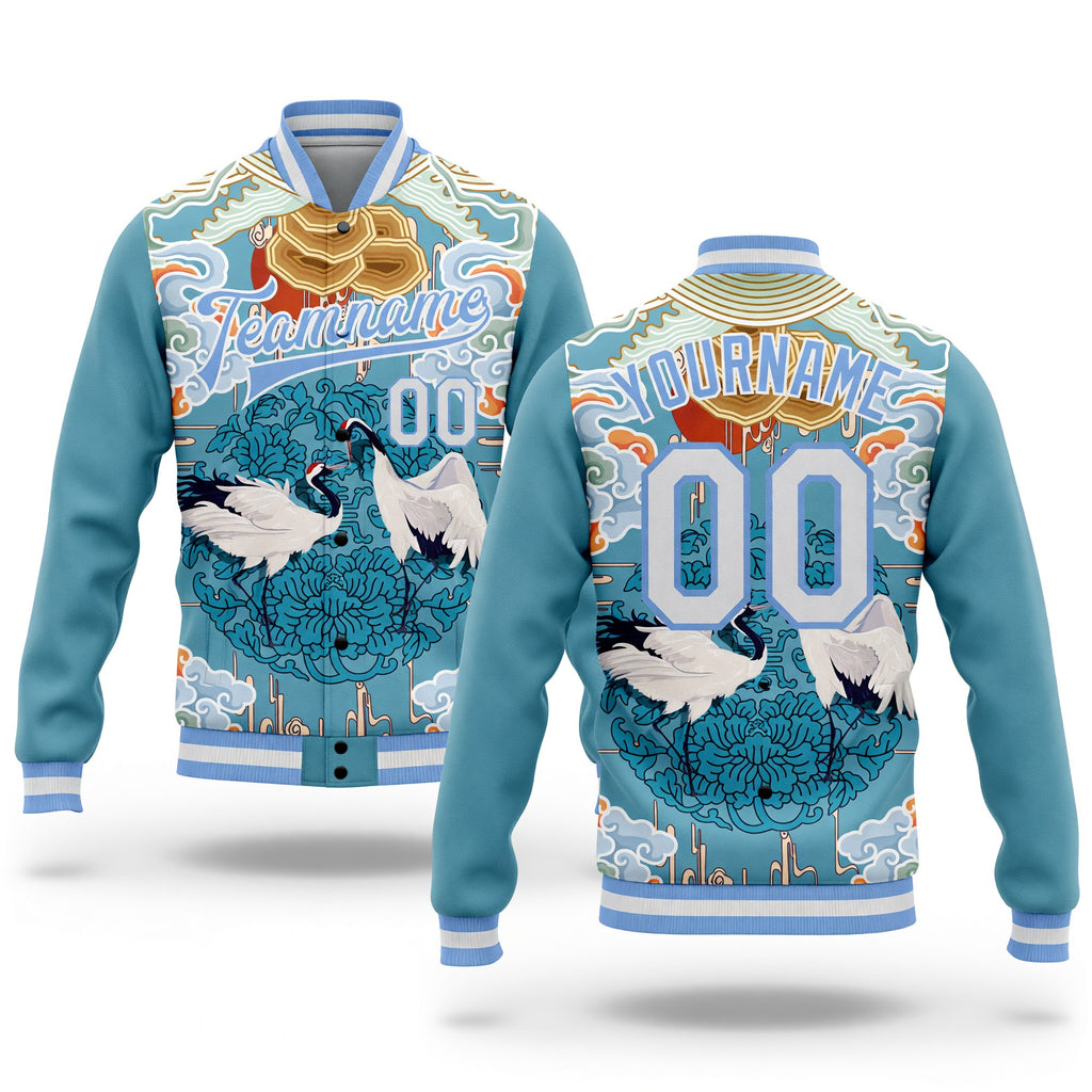 Custom Light Blue White Heron And Cloud 3D Pattern Design Bomber Full-Snap Varsity Letterman Jacket