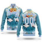 Custom Light Blue White Heron And Cloud 3D Pattern Design Bomber Full-Snap Varsity Letterman Jacket