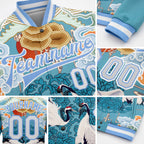 Custom Light Blue White Heron And Cloud 3D Pattern Design Bomber Full-Snap Varsity Letterman Jacket detail