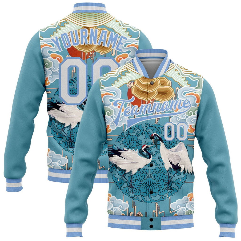 Custom Light Blue White Heron And Cloud 3D Pattern Design Bomber Full-Snap Varsity Letterman Jacket photo 1
