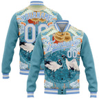Custom Light Blue White Heron And Cloud 3D Pattern Design Bomber Full-Snap Varsity Letterman Jacket photo 1