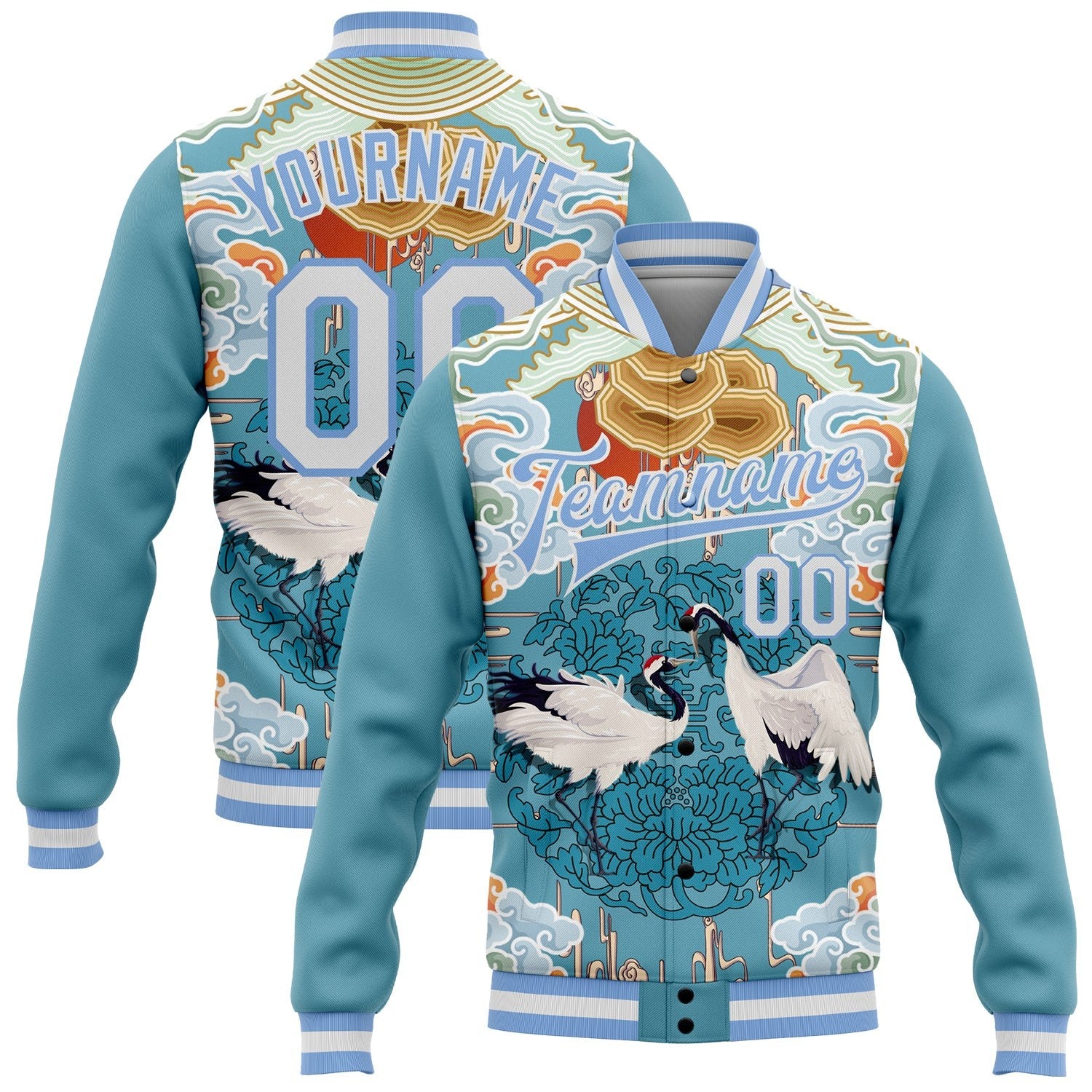 Custom Light Blue White Heron And Cloud 3D Pattern Design Bomber Full-Snap Varsity Letterman Jacket photo 1