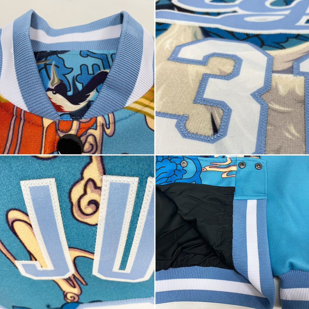 Custom Light Blue White Heron And Cloud 3D Pattern Design Bomber Full-Snap Varsity Letterman Jacket photo 4