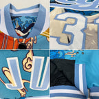 Custom Light Blue White Heron And Cloud 3D Pattern Design Bomber Full-Snap Varsity Letterman Jacket photo 4