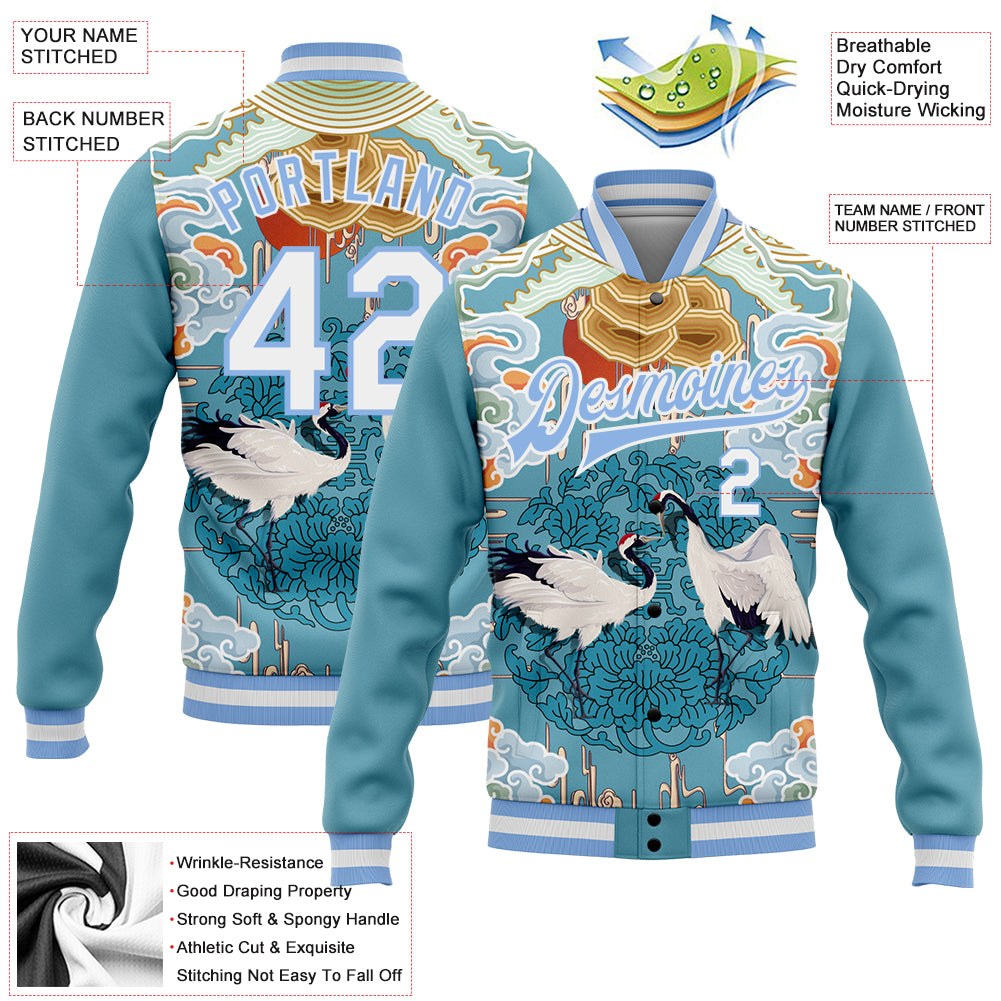 Custom Light Blue White Heron And Cloud 3D Pattern Design Bomber Full-Snap Varsity Letterman Jacket photo 5