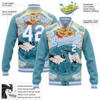 Custom Light Blue White Heron And Cloud 3D Pattern Design Bomber Full-Snap Varsity Letterman Jacket photo 5